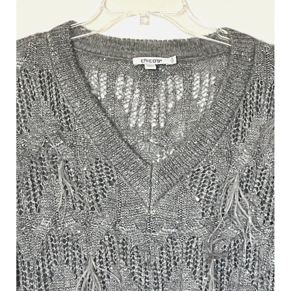 New Chico's Gray Wool blend Sequins Feather Pullover Sweater Top - Picture 8 of 15